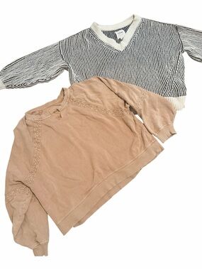 aerie bundle Tan Lace-Trim Sweater & Black-White Striped V-Neck sweater